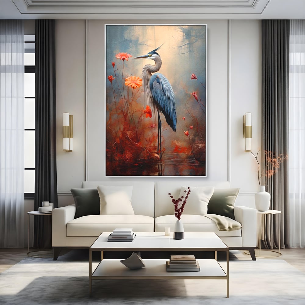 Tablou Canvas Premium, LuxCanva® M1051, Paznicul Mlastinii, Starc, Flori, Petale, Mlastina, Pasare, Eleganta, Solitudine, Pastel, Vertical, Inalt, Birou, Living, Camera Copil