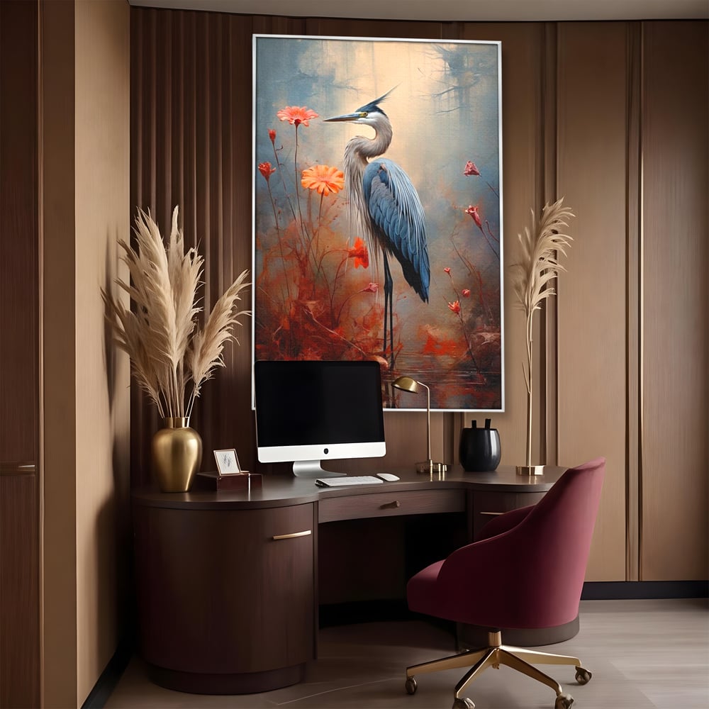 Tablou Canvas Premium, LuxCanva® M1051, Paznicul Mlastinii, Starc, Flori, Petale, Mlastina, Pasare, Eleganta, Solitudine, Pastel, Vertical, Inalt, Birou, Living, Camera Copil