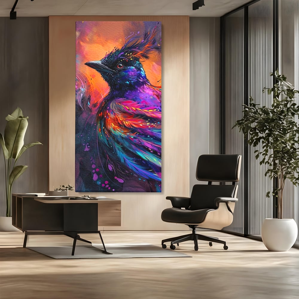 Tablou Canvas Premium, LuxCanva® M1052, Zbor Cosmic, Pasare, Penaj, Electric, Fantastic, Neon, Contrast, Zbor, Mistic, Exotic, Vis, Birou, Living, Camera Copil
