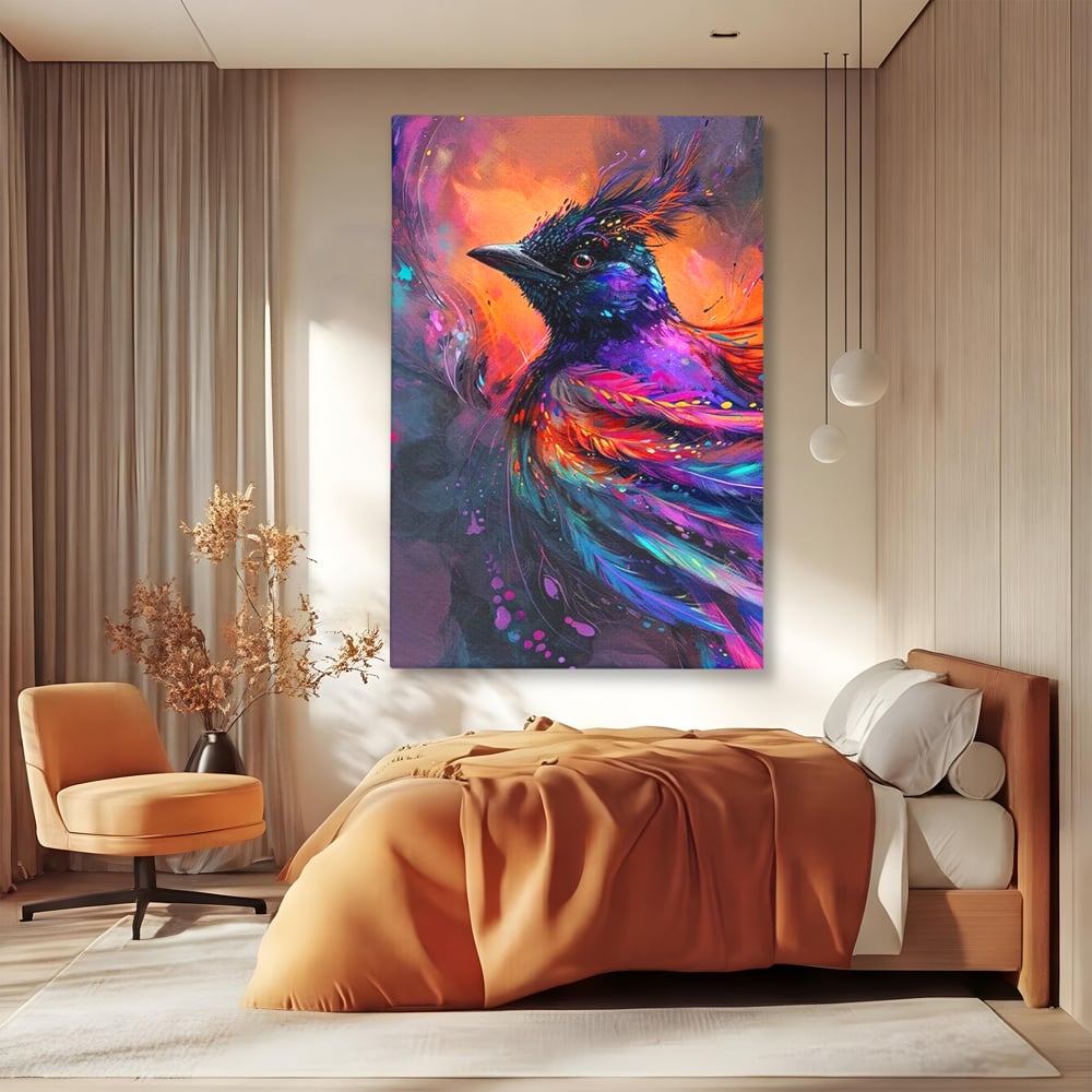 Tablou Canvas Premium, LuxCanva® M1052, Zbor Cosmic, Pasare, Penaj, Electric, Fantastic, Neon, Contrast, Zbor, Mistic, Exotic, Vis, Birou, Living, Camera Copil