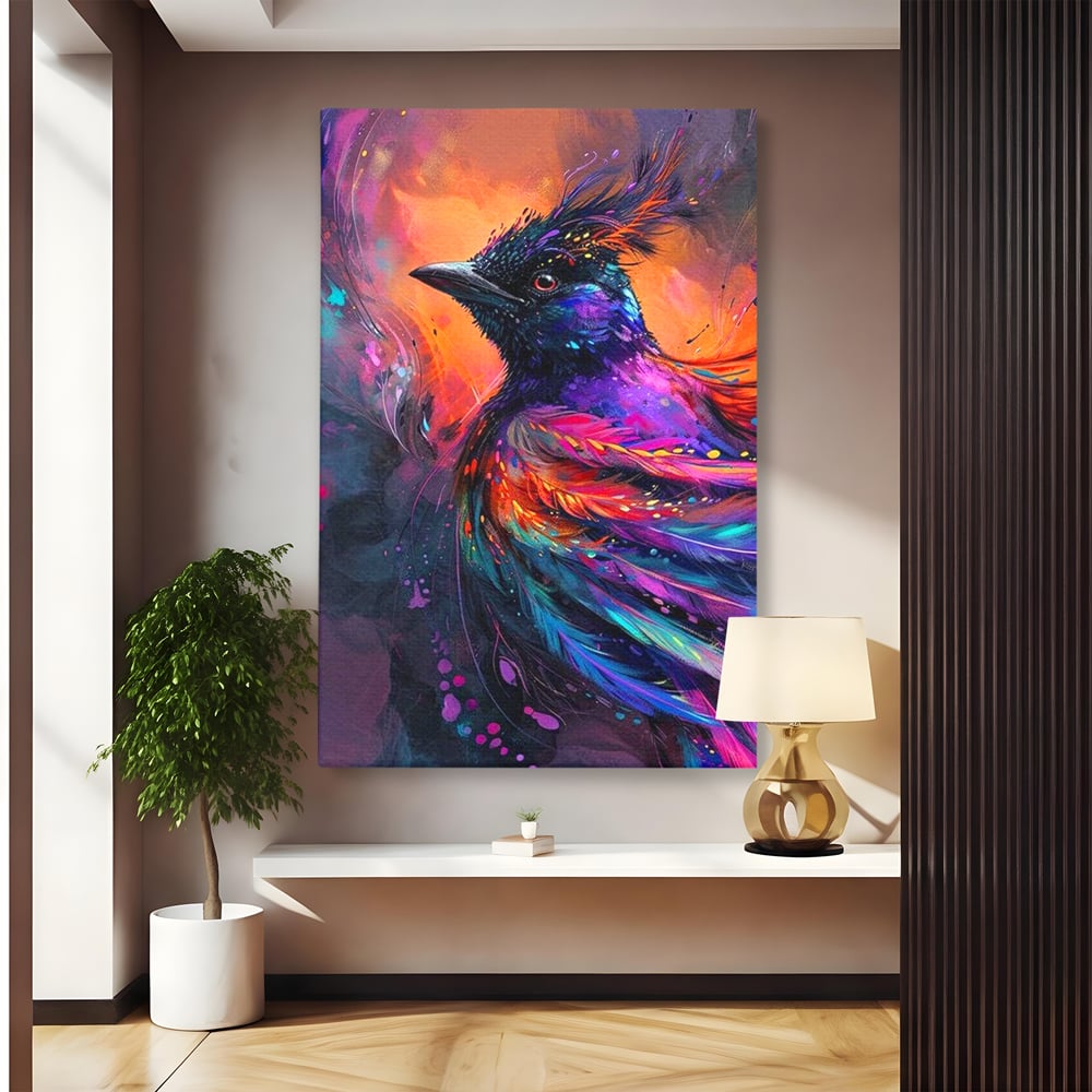Tablou Canvas Premium, LuxCanva® M1052, Zbor Cosmic, Pasare, Penaj, Electric, Fantastic, Neon, Contrast, Zbor, Mistic, Exotic, Vis, Birou, Living, Camera Copil