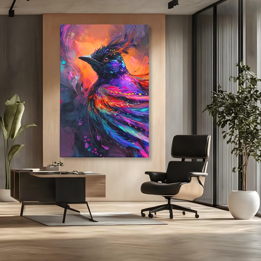 Tablou Canvas Premium, LuxCanva® M1052, Zbor Cosmic, Pasare, Penaj, Electric, Fantastic, Neon, Contrast, Zbor, Mistic, Exotic, Vis, Birou, Living, Camera Copil