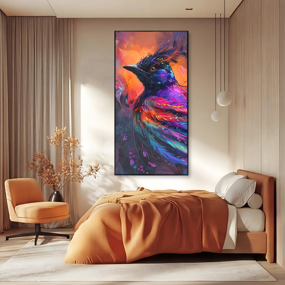 Tablou Canvas Premium, LuxCanva® M1052, Zbor Cosmic, Pasare, Penaj, Electric, Fantastic, Neon, Contrast, Zbor, Mistic, Exotic, Vis, Birou, Living, Camera Copil