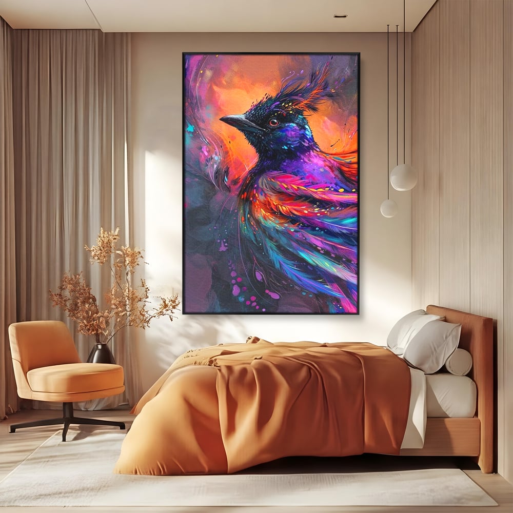 Tablou Canvas Premium, LuxCanva® M1052, Zbor Cosmic, Pasare, Penaj, Electric, Fantastic, Neon, Contrast, Zbor, Mistic, Exotic, Vis, Birou, Living, Camera Copil