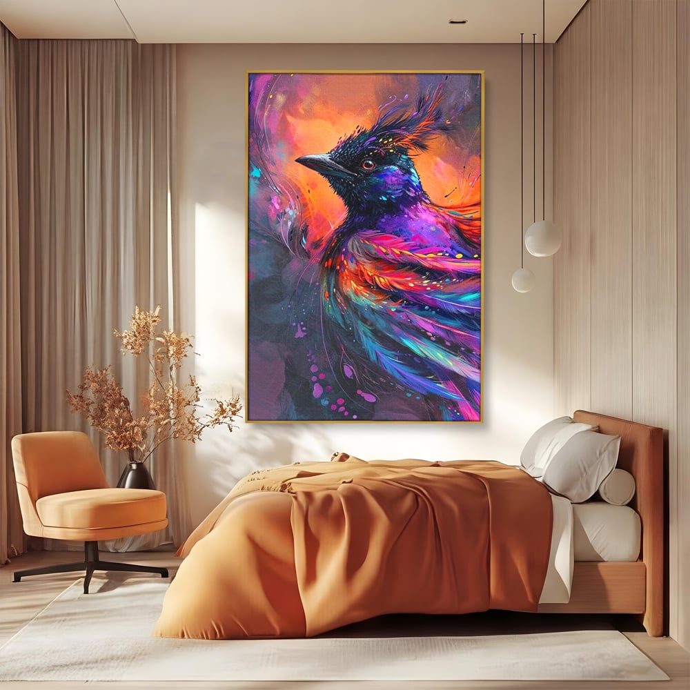Tablou Canvas Premium, LuxCanva® M1052, Zbor Cosmic, Pasare, Penaj, Electric, Fantastic, Neon, Contrast, Zbor, Mistic, Exotic, Vis, Birou, Living, Camera Copil