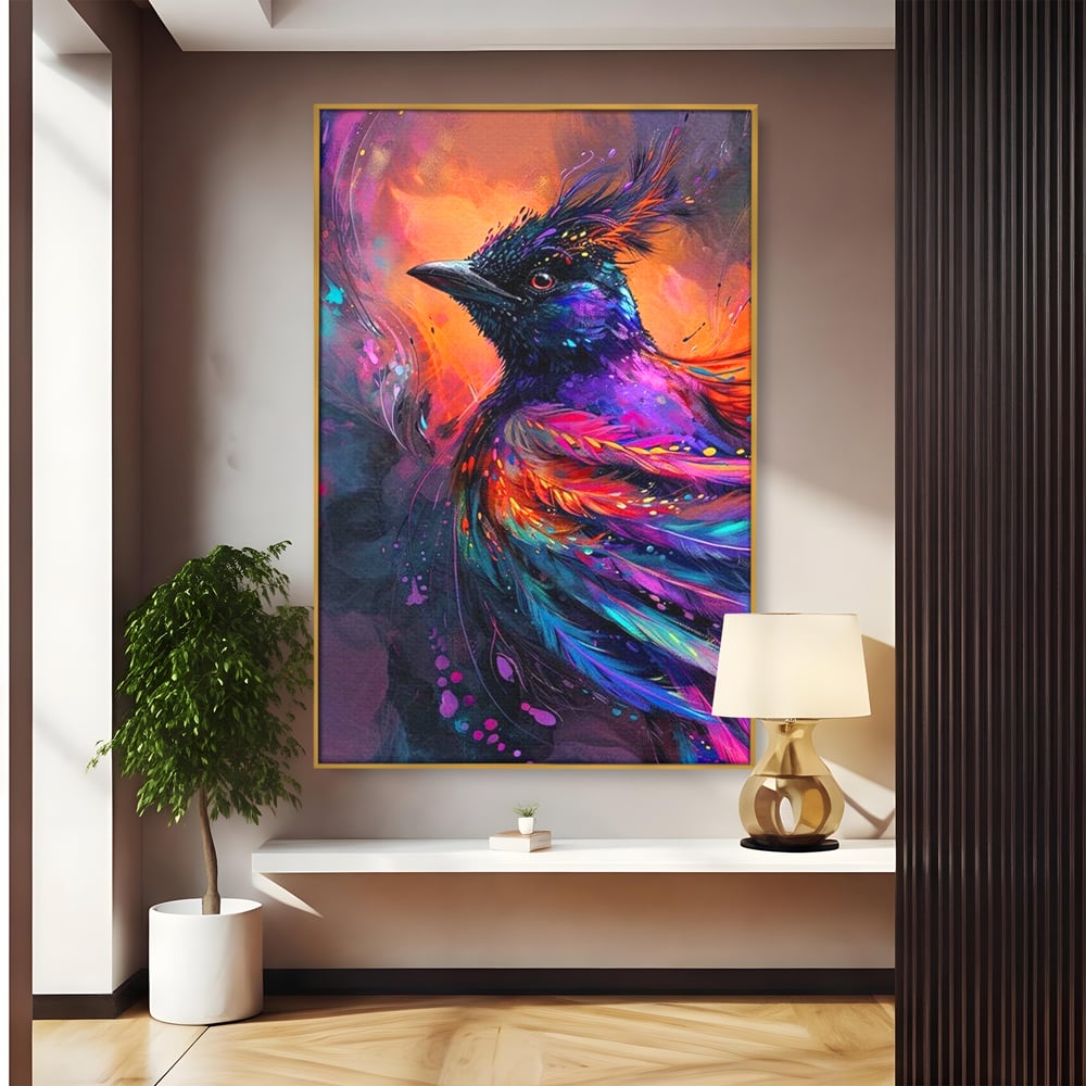 Tablou Canvas Premium, LuxCanva® M1052, Zbor Cosmic, Pasare, Penaj, Electric, Fantastic, Neon, Contrast, Zbor, Mistic, Exotic, Vis, Birou, Living, Camera Copil