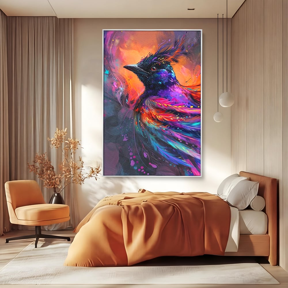 Tablou Canvas Premium, LuxCanva® M1052, Zbor Cosmic, Pasare, Penaj, Electric, Fantastic, Neon, Contrast, Zbor, Mistic, Exotic, Vis, Birou, Living, Camera Copil