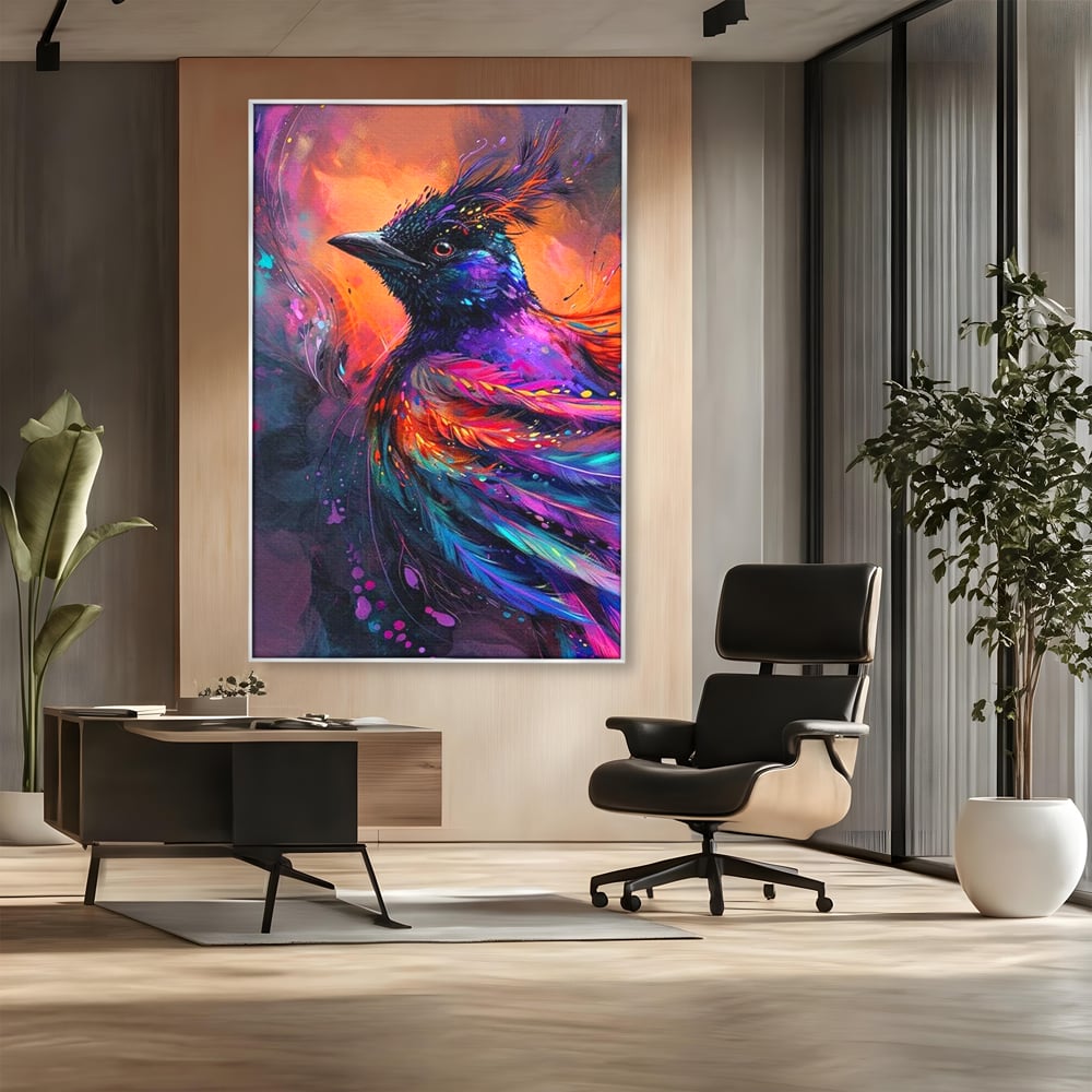 Tablou Canvas Premium, LuxCanva® M1052, Zbor Cosmic, Pasare, Penaj, Electric, Fantastic, Neon, Contrast, Zbor, Mistic, Exotic, Vis, Birou, Living, Camera Copil