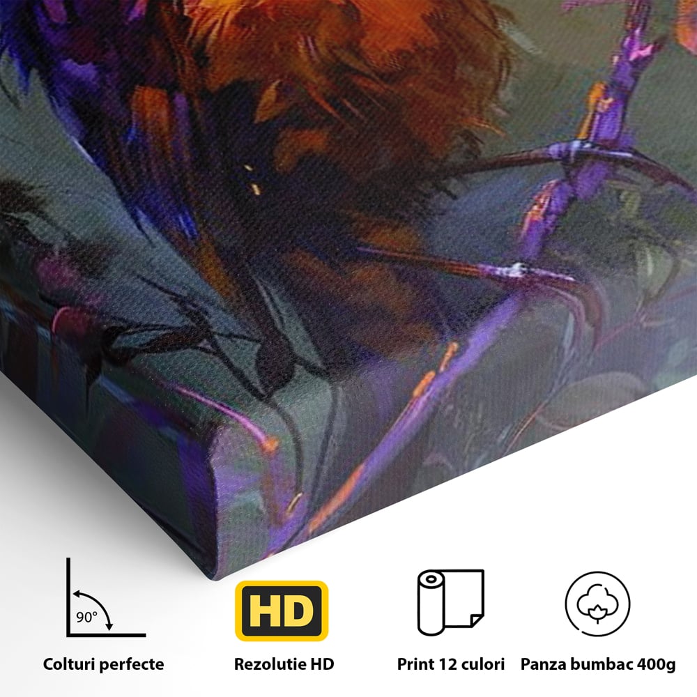 Tablou Canvas Premium, LuxCanva® M1053, Solistul Padurii de Ametist, Ramura, Padure, Ametist, Pasare, Intens, Mister, Neon, Natura, Birou, Living, Camera Copil