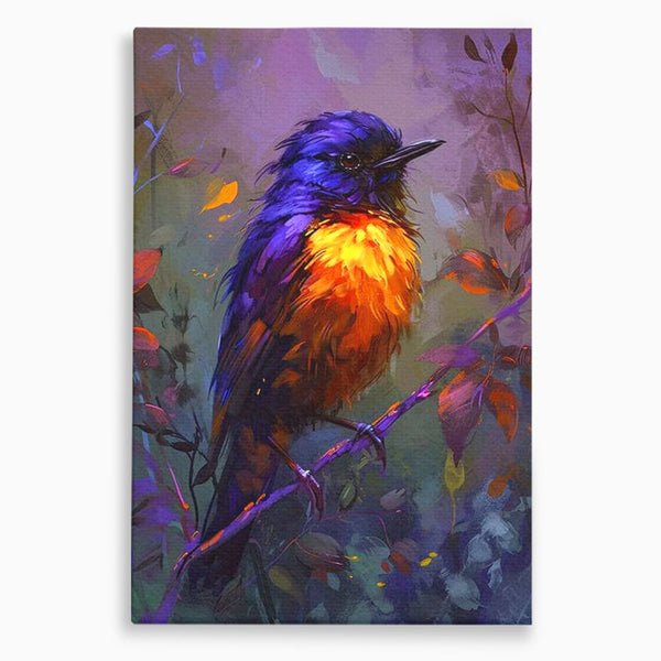 Tablou Canvas Premium, LuxCanva® M1053, Solistul Padurii de Ametist, Ramura, Padure, Ametist, Pasare, Intens, Mister, Neon, Natura, Birou, Living, Camera Copil