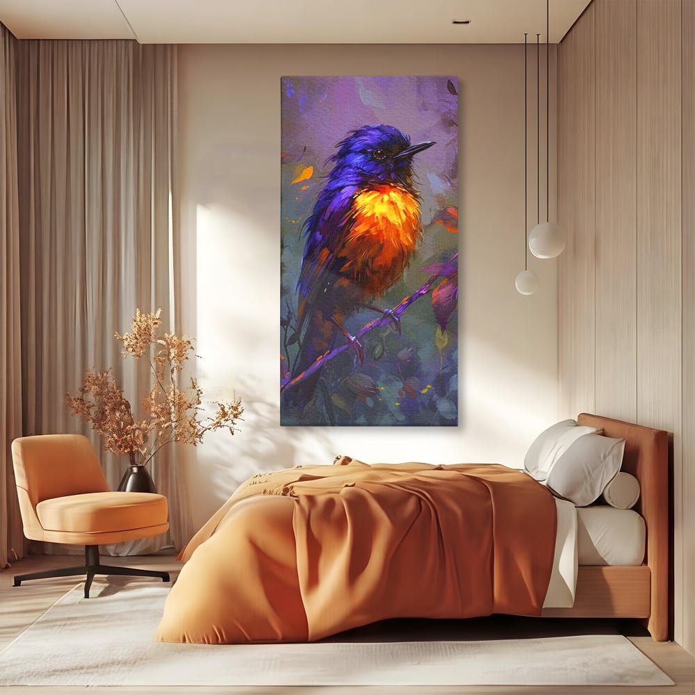 Tablou Canvas Premium, LuxCanva® M1053, Solistul Padurii de Ametist, Ramura, Padure, Ametist, Pasare, Intens, Mister, Neon, Natura, Birou, Living, Camera Copil