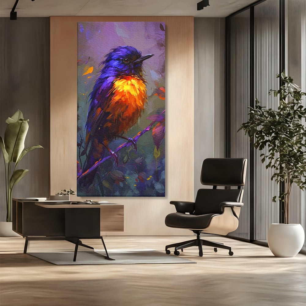 Tablou Canvas Premium, LuxCanva® M1053, Solistul Padurii de Ametist, Ramura, Padure, Ametist, Pasare, Intens, Mister, Neon, Natura, Birou, Living, Camera Copil