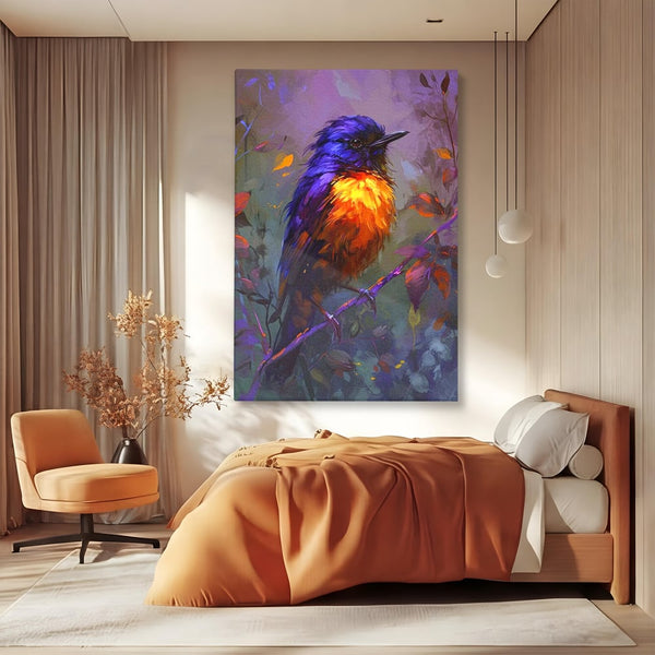 Tablou Canvas Premium, LuxCanva® M1053, Solistul Padurii de Ametist, Ramura, Padure, Ametist, Pasare, Intens, Mister, Neon, Natura, Birou, Living, Camera Copil