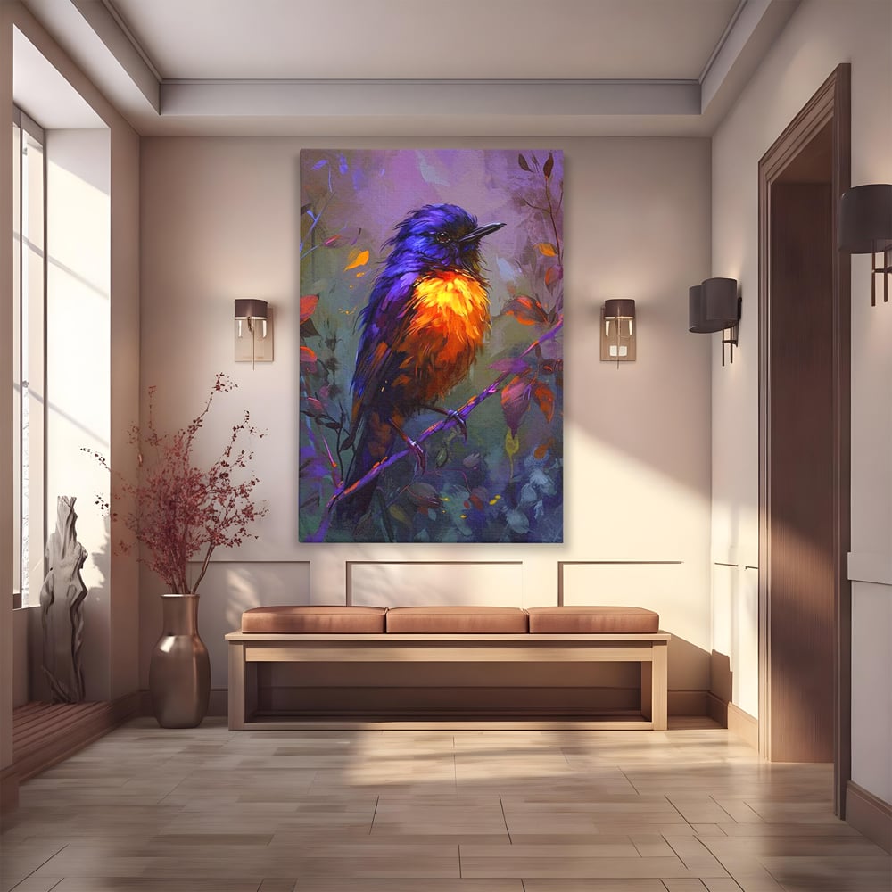 Tablou Canvas Premium, LuxCanva® M1053, Solistul Padurii de Ametist, Ramura, Padure, Ametist, Pasare, Intens, Mister, Neon, Natura, Birou, Living, Camera Copil
