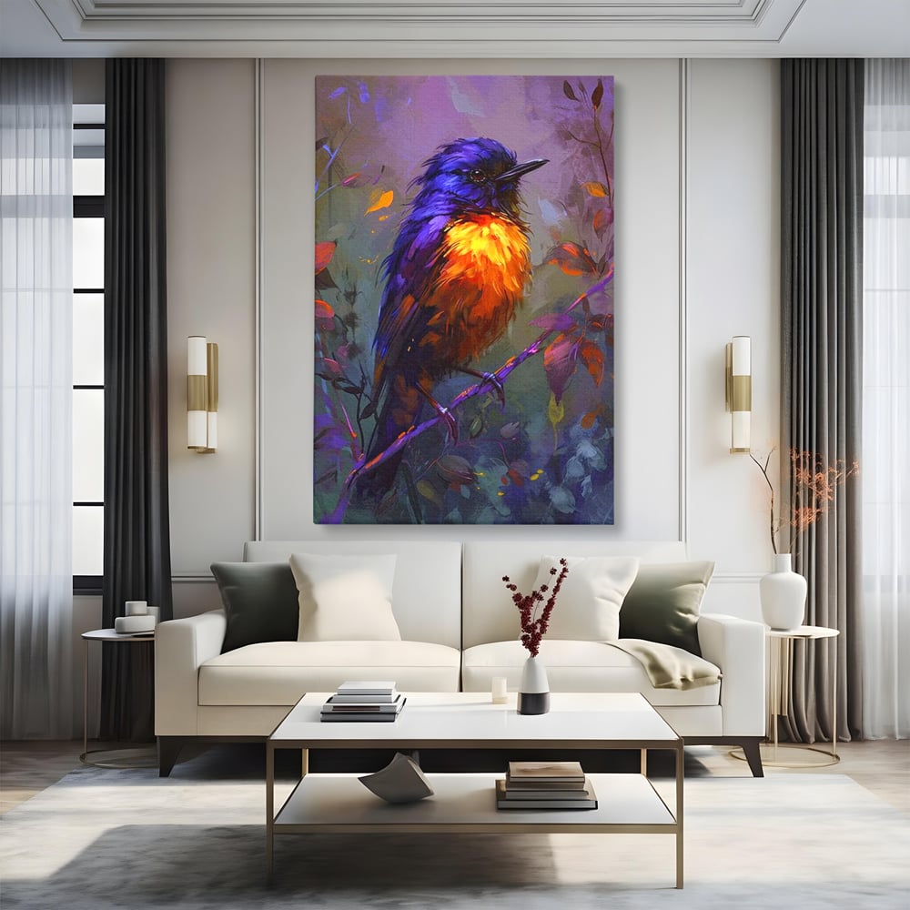 Tablou Canvas Premium, LuxCanva® M1053, Solistul Padurii de Ametist, Ramura, Padure, Ametist, Pasare, Intens, Mister, Neon, Natura, Birou, Living, Camera Copil