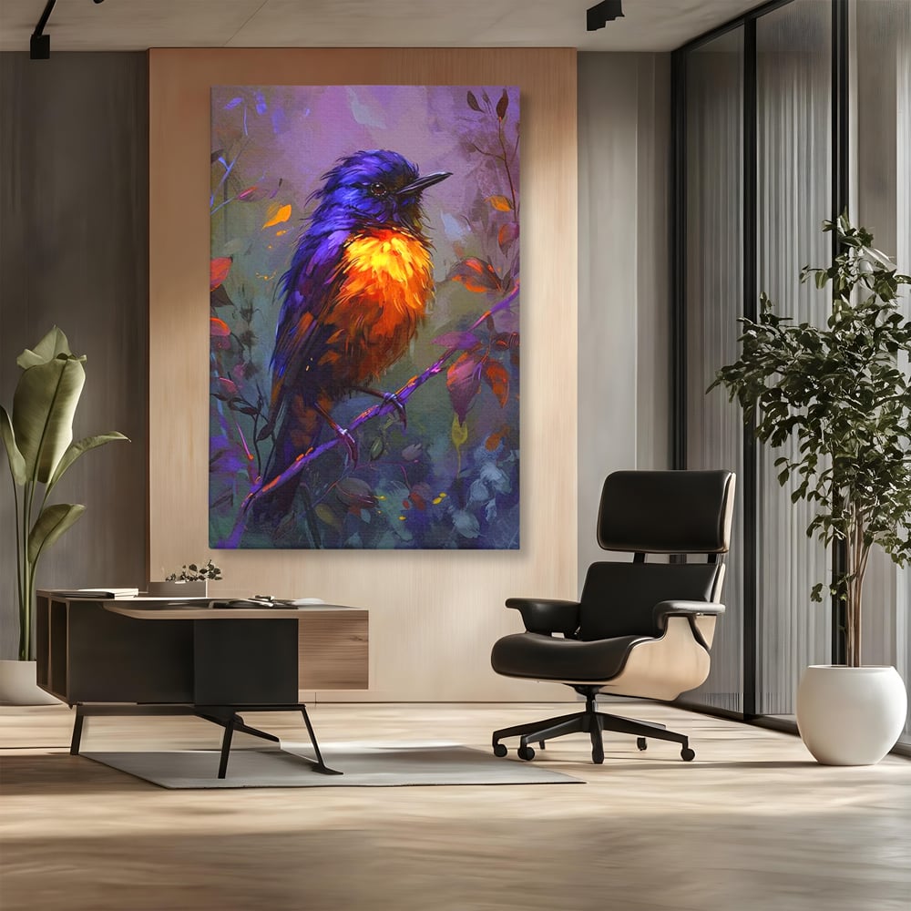 Tablou Canvas Premium, LuxCanva® M1053, Solistul Padurii de Ametist, Ramura, Padure, Ametist, Pasare, Intens, Mister, Neon, Natura, Birou, Living, Camera Copil