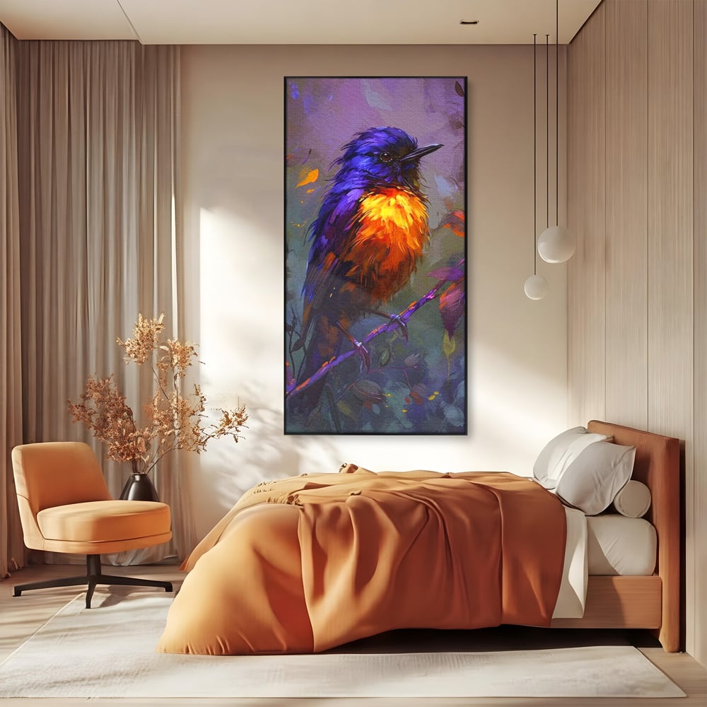 Tablou Canvas Premium, LuxCanva® M1053, Solistul Padurii de Ametist, Ramura, Padure, Ametist, Pasare, Intens, Mister, Neon, Natura, Birou, Living, Camera Copil