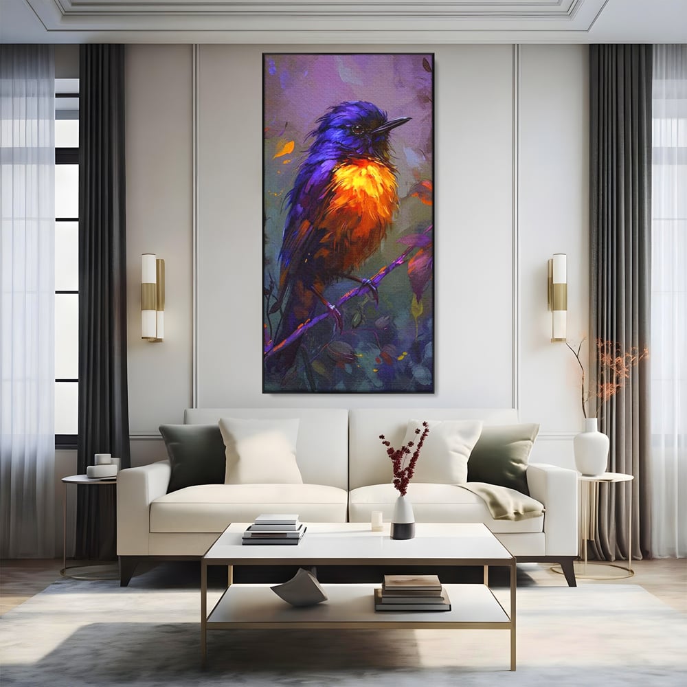 Tablou Canvas Premium, LuxCanva® M1053, Solistul Padurii de Ametist, Ramura, Padure, Ametist, Pasare, Intens, Mister, Neon, Natura, Birou, Living, Camera Copil