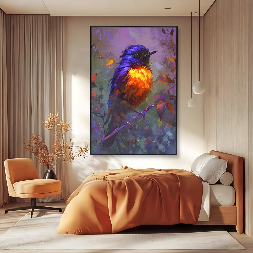 Tablou Canvas Premium, LuxCanva® M1053, Solistul Padurii de Ametist, Ramura, Padure, Ametist, Pasare, Intens, Mister, Neon, Natura, Birou, Living, Camera Copil