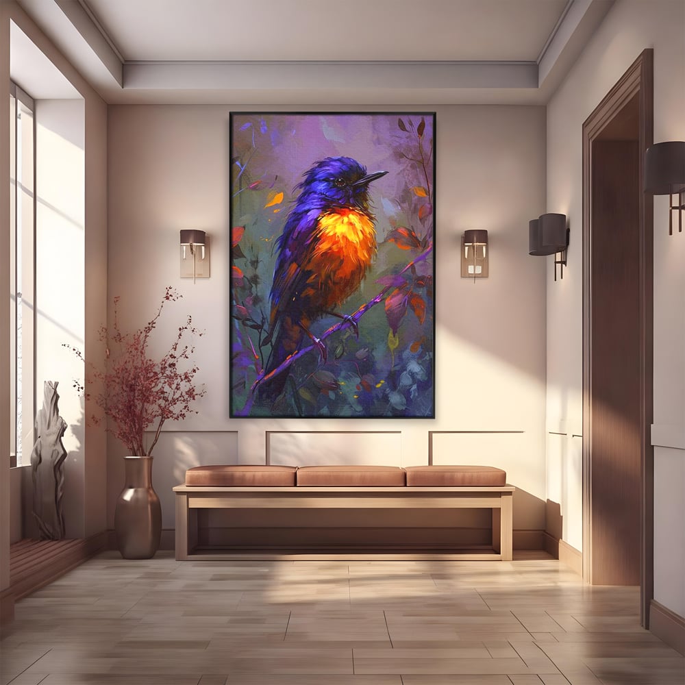 Tablou Canvas Premium, LuxCanva® M1053, Solistul Padurii de Ametist, Ramura, Padure, Ametist, Pasare, Intens, Mister, Neon, Natura, Birou, Living, Camera Copil