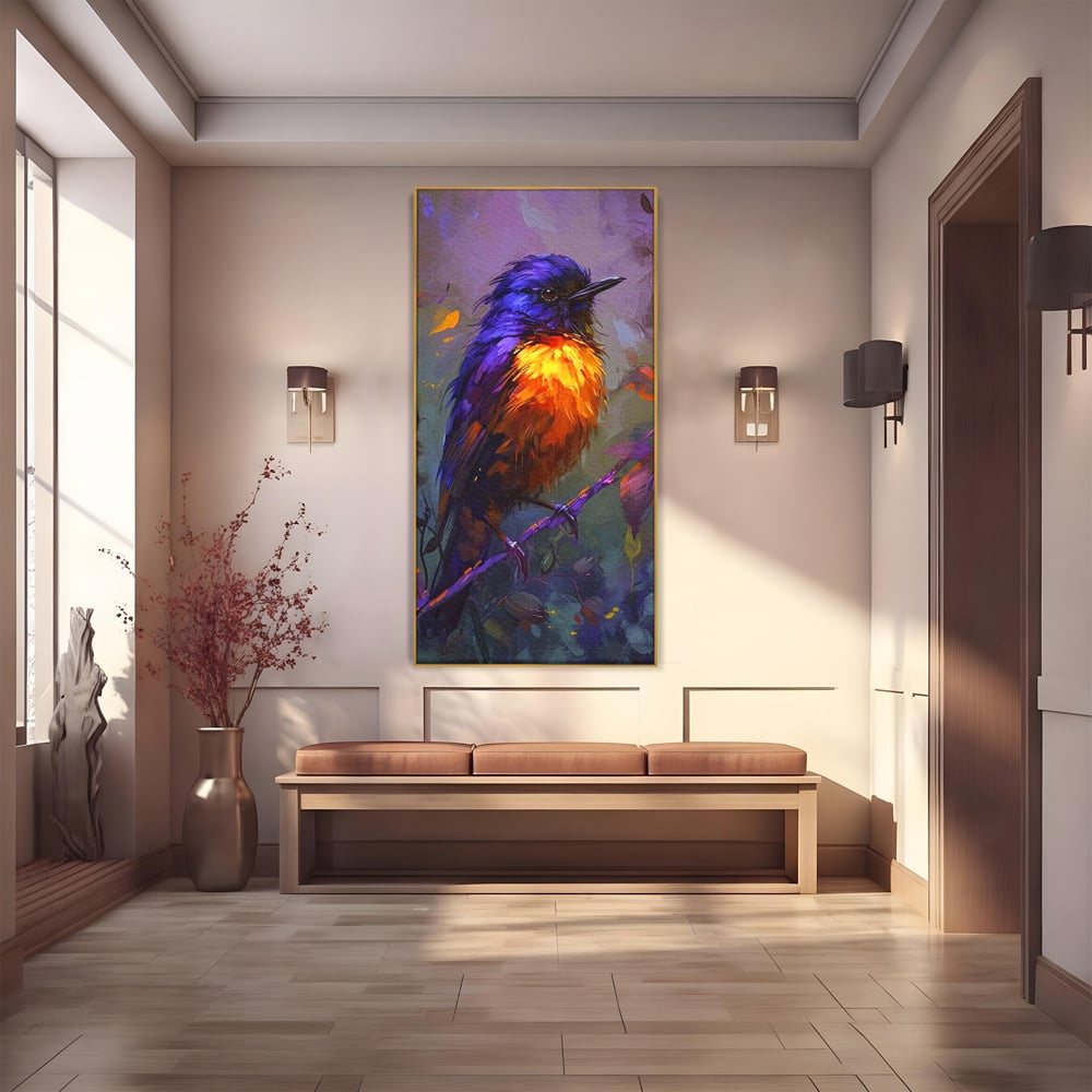 Tablou Canvas Premium, LuxCanva® M1053, Solistul Padurii de Ametist, Ramura, Padure, Ametist, Pasare, Intens, Mister, Neon, Natura, Birou, Living, Camera Copil
