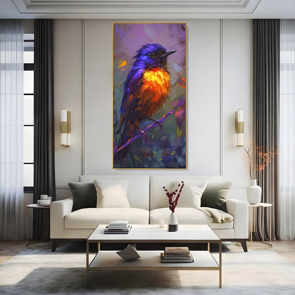 Tablou Canvas Premium, LuxCanva® M1053, Solistul Padurii de Ametist, Ramura, Padure, Ametist, Pasare, Intens, Mister, Neon, Natura, Birou, Living, Camera Copil