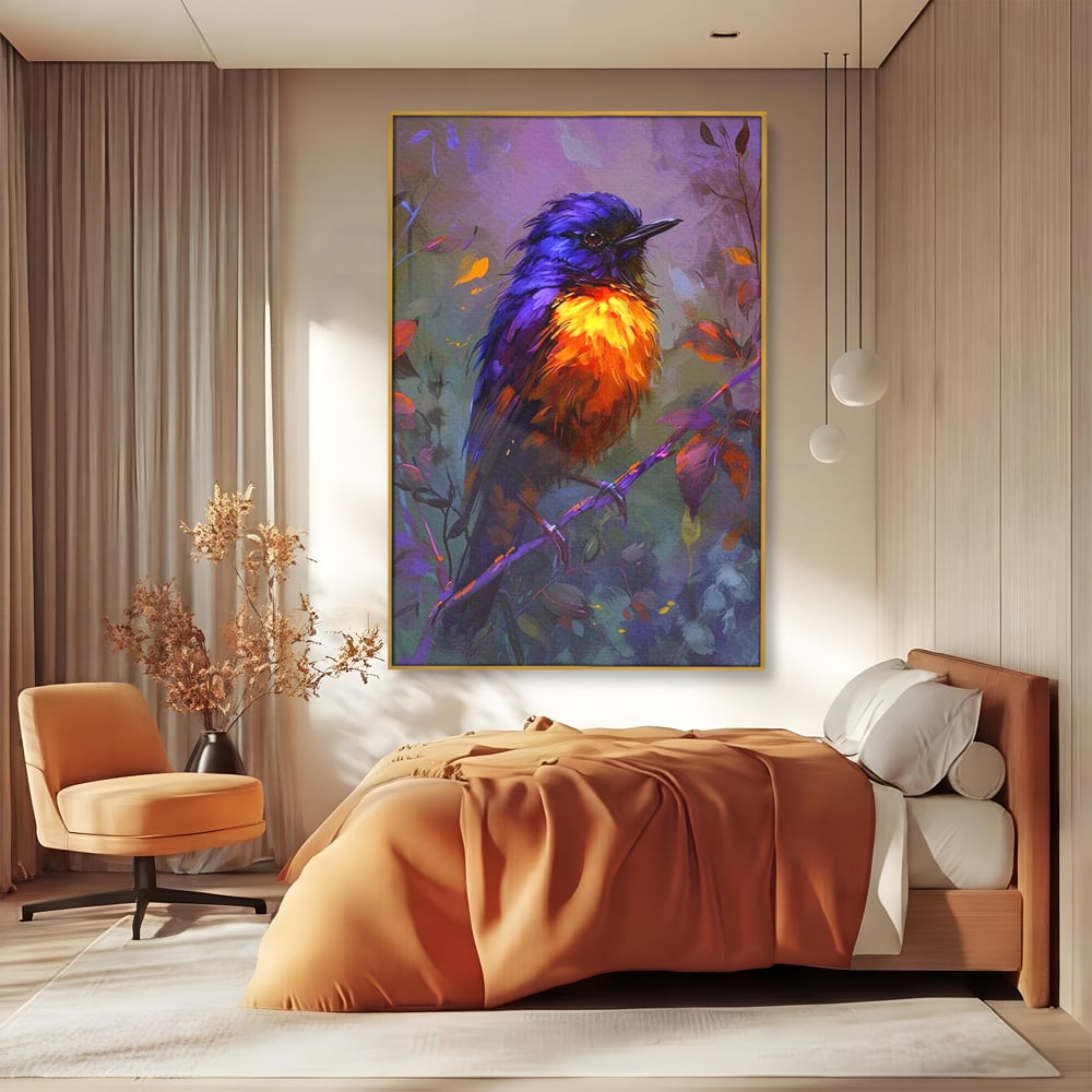 Tablou Canvas Premium, LuxCanva® M1053, Solistul Padurii de Ametist, Ramura, Padure, Ametist, Pasare, Intens, Mister, Neon, Natura, Birou, Living, Camera Copil