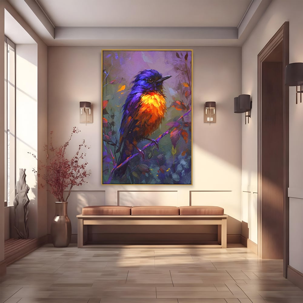 Tablou Canvas Premium, LuxCanva® M1053, Solistul Padurii de Ametist, Ramura, Padure, Ametist, Pasare, Intens, Mister, Neon, Natura, Birou, Living, Camera Copil