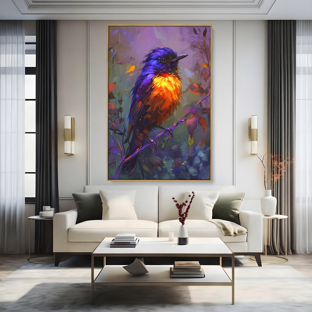 Tablou Canvas Premium, LuxCanva® M1053, Solistul Padurii de Ametist, Ramura, Padure, Ametist, Pasare, Intens, Mister, Neon, Natura, Birou, Living, Camera Copil