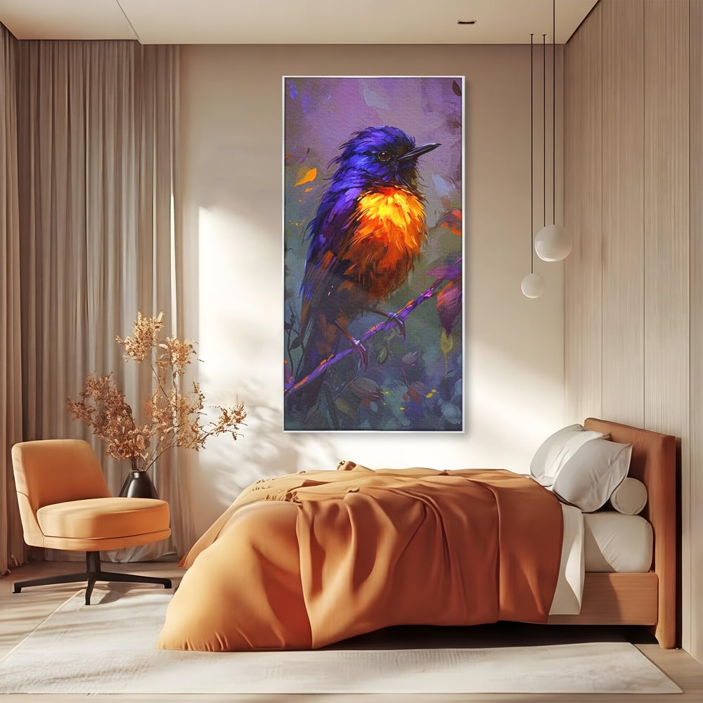 Tablou Canvas Premium, LuxCanva® M1053, Solistul Padurii de Ametist, Ramura, Padure, Ametist, Pasare, Intens, Mister, Neon, Natura, Birou, Living, Camera Copil