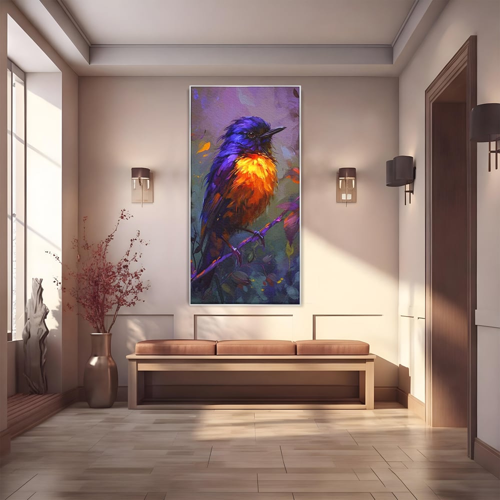 Tablou Canvas Premium, LuxCanva® M1053, Solistul Padurii de Ametist, Ramura, Padure, Ametist, Pasare, Intens, Mister, Neon, Natura, Birou, Living, Camera Copil
