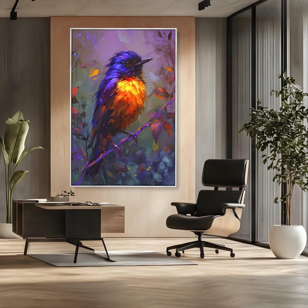 Tablou Canvas Premium, LuxCanva® M1053, Solistul Padurii de Ametist, Ramura, Padure, Ametist, Pasare, Intens, Mister, Neon, Natura, Birou, Living, Camera Copil