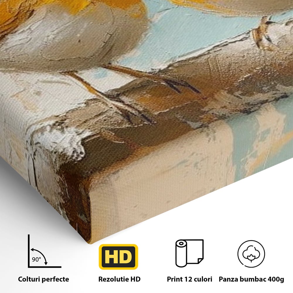 Tablou Canvas Premium, LuxCanva® M1054, Doua Note de Soare, Pereche, Creanga, Pasari, Soare, Pastel, Pictura, Rustic, Senin, Textura, Birou, Living, Camera Copil