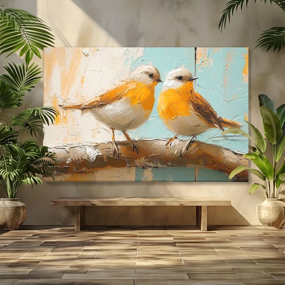 Tablou Canvas Premium, LuxCanva® M1054, Doua Note de Soare, Pereche, Creanga, Pasari, Soare, Pastel, Pictura, Rustic, Senin, Textura, Birou, Living, Camera Copil