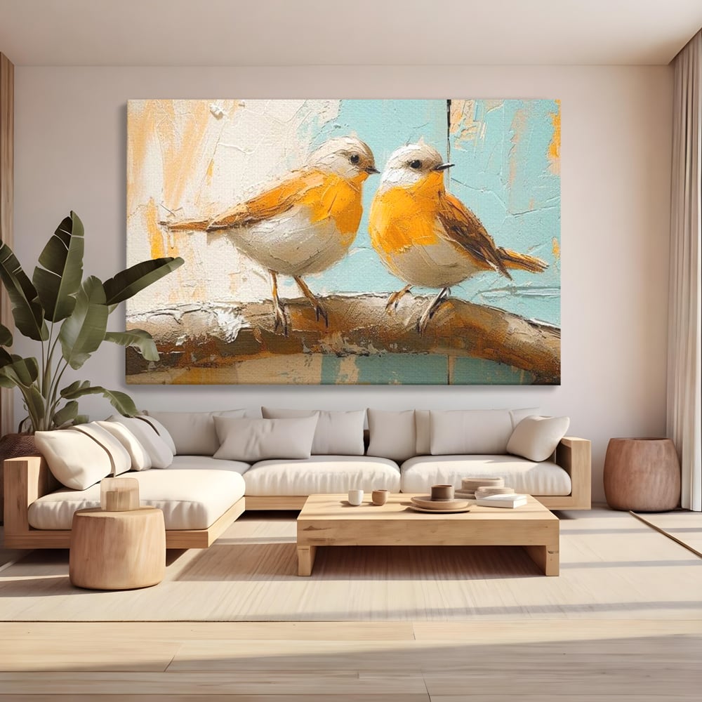 Tablou Canvas Premium, LuxCanva® M1054, Doua Note de Soare, Pereche, Creanga, Pasari, Soare, Pastel, Pictura, Rustic, Senin, Textura, Birou, Living, Camera Copil