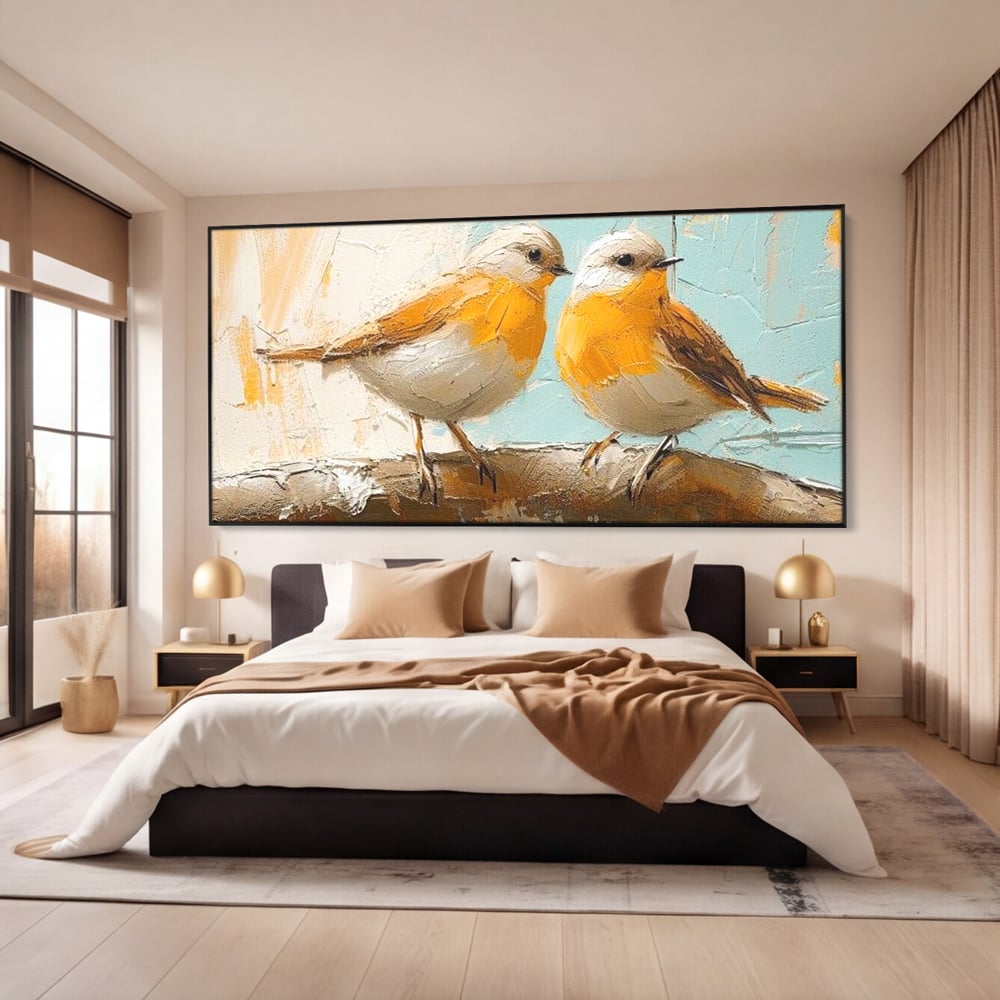 Tablou Canvas Premium, LuxCanva® M1054, Doua Note de Soare, Pereche, Creanga, Pasari, Soare, Pastel, Pictura, Rustic, Senin, Textura, Birou, Living, Camera Copil