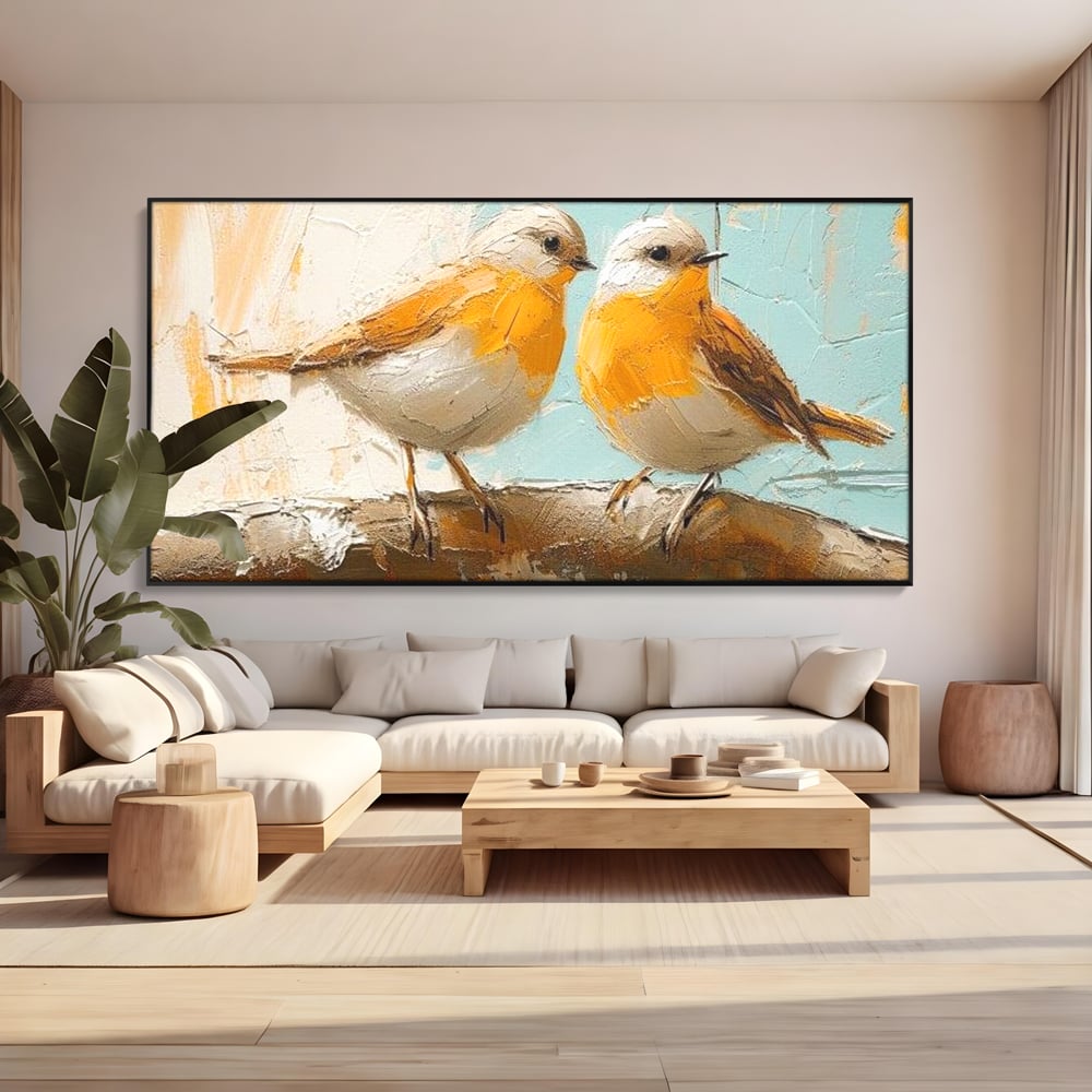 Tablou Canvas Premium, LuxCanva® M1054, Doua Note de Soare, Pereche, Creanga, Pasari, Soare, Pastel, Pictura, Rustic, Senin, Textura, Birou, Living, Camera Copil