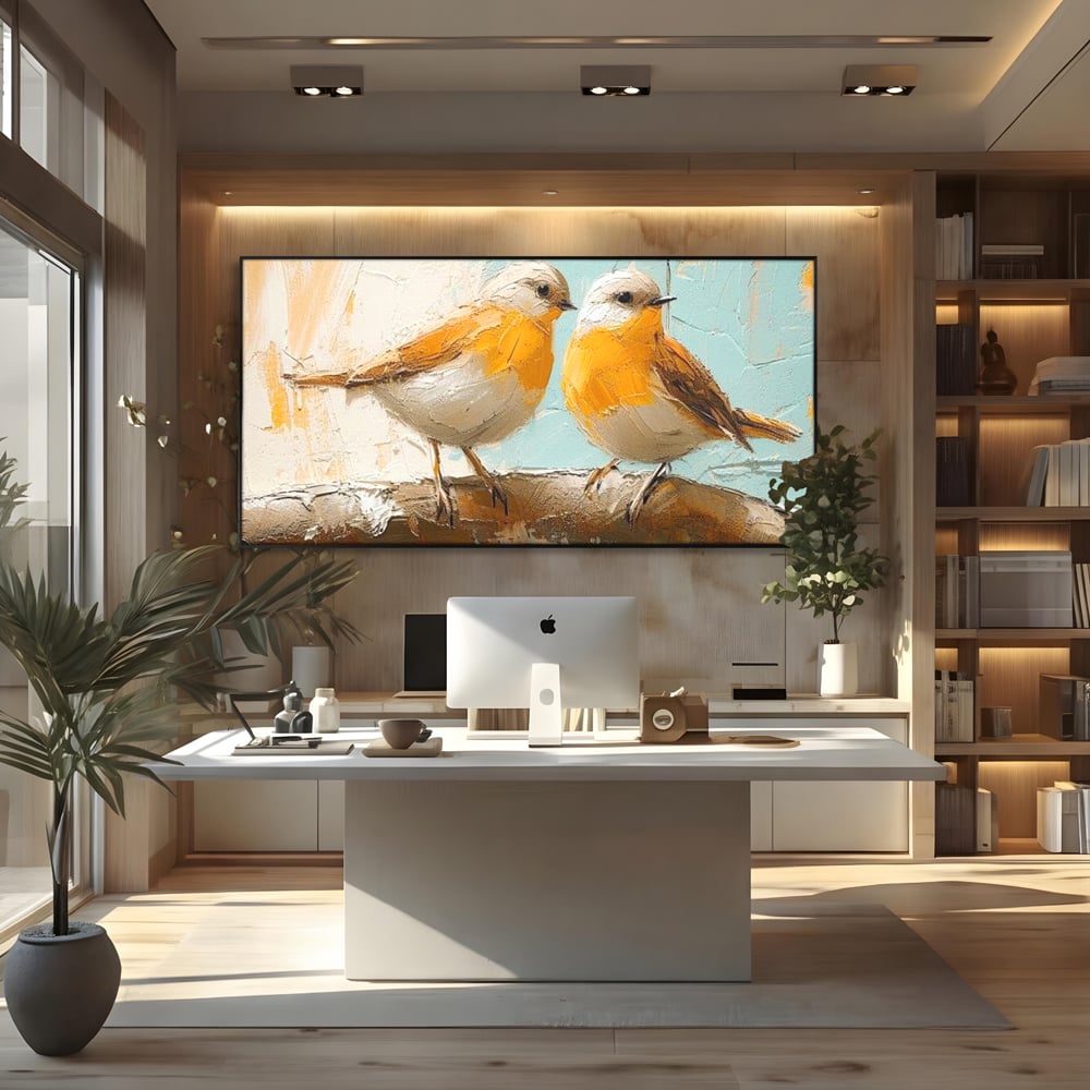 Tablou Canvas Premium, LuxCanva® M1054, Doua Note de Soare, Pereche, Creanga, Pasari, Soare, Pastel, Pictura, Rustic, Senin, Textura, Birou, Living, Camera Copil