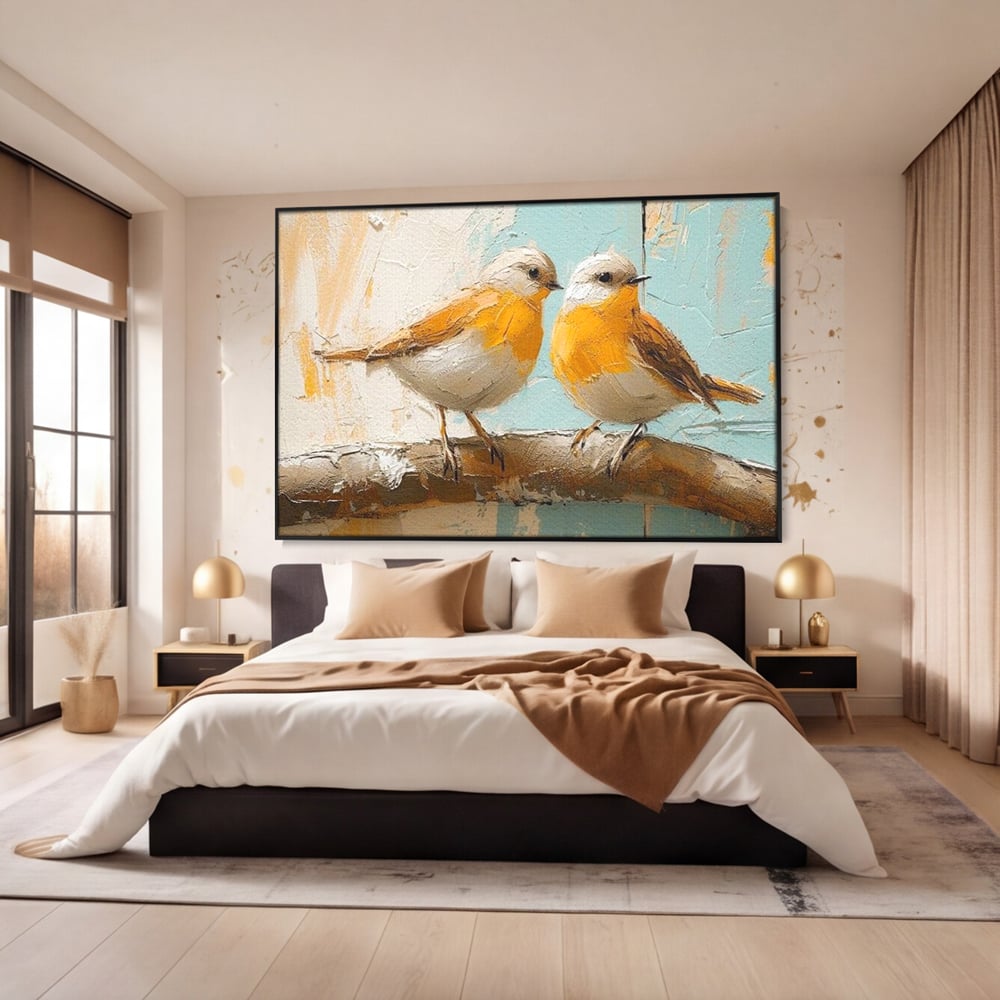 Tablou Canvas Premium, LuxCanva® M1054, Doua Note de Soare, Pereche, Creanga, Pasari, Soare, Pastel, Pictura, Rustic, Senin, Textura, Birou, Living, Camera Copil