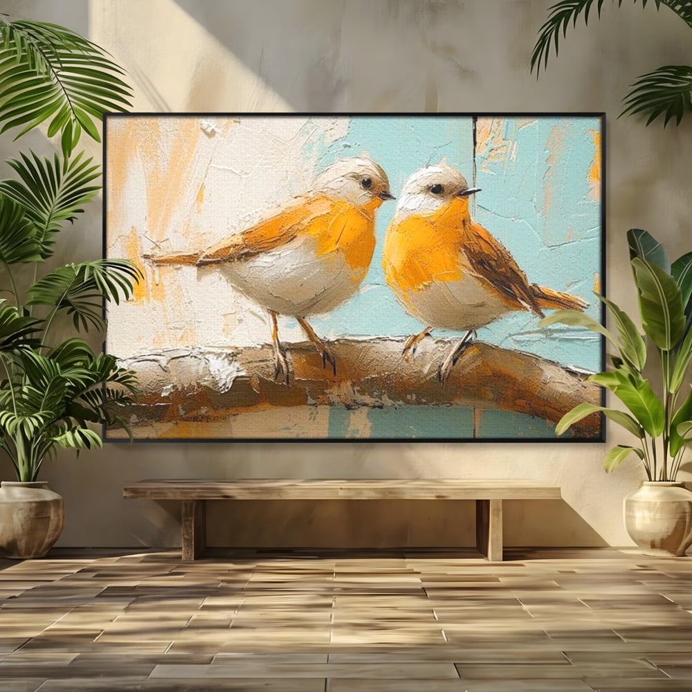Tablou Canvas Premium, LuxCanva® M1054, Doua Note de Soare, Pereche, Creanga, Pasari, Soare, Pastel, Pictura, Rustic, Senin, Textura, Birou, Living, Camera Copil