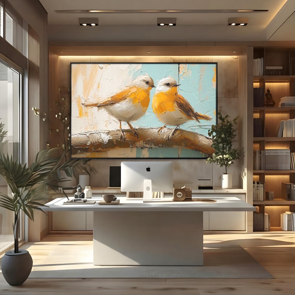 Tablou Canvas Premium, LuxCanva® M1054, Doua Note de Soare, Pereche, Creanga, Pasari, Soare, Pastel, Pictura, Rustic, Senin, Textura, Birou, Living, Camera Copil