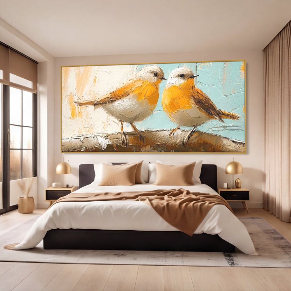 Tablou Canvas Premium, LuxCanva® M1054, Doua Note de Soare, Pereche, Creanga, Pasari, Soare, Pastel, Pictura, Rustic, Senin, Textura, Birou, Living, Camera Copil