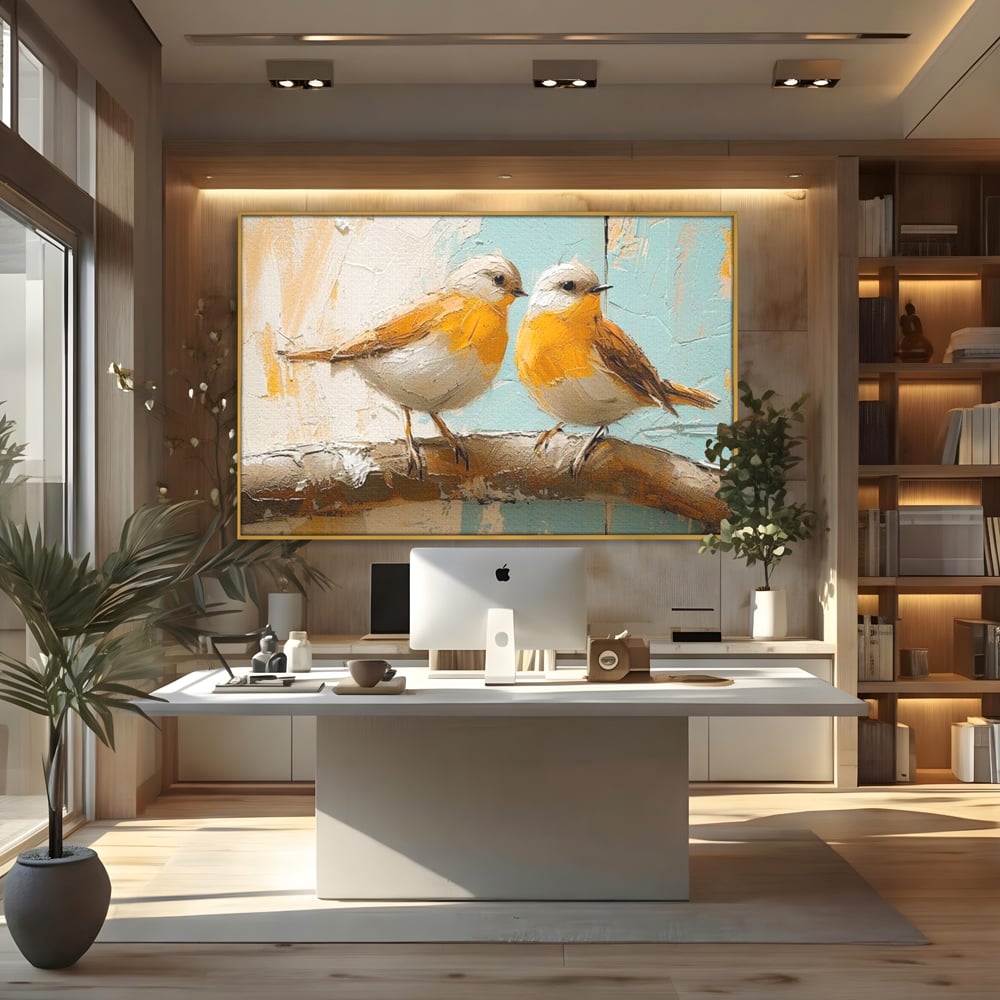Tablou Canvas Premium, LuxCanva® M1054, Doua Note de Soare, Pereche, Creanga, Pasari, Soare, Pastel, Pictura, Rustic, Senin, Textura, Birou, Living, Camera Copil