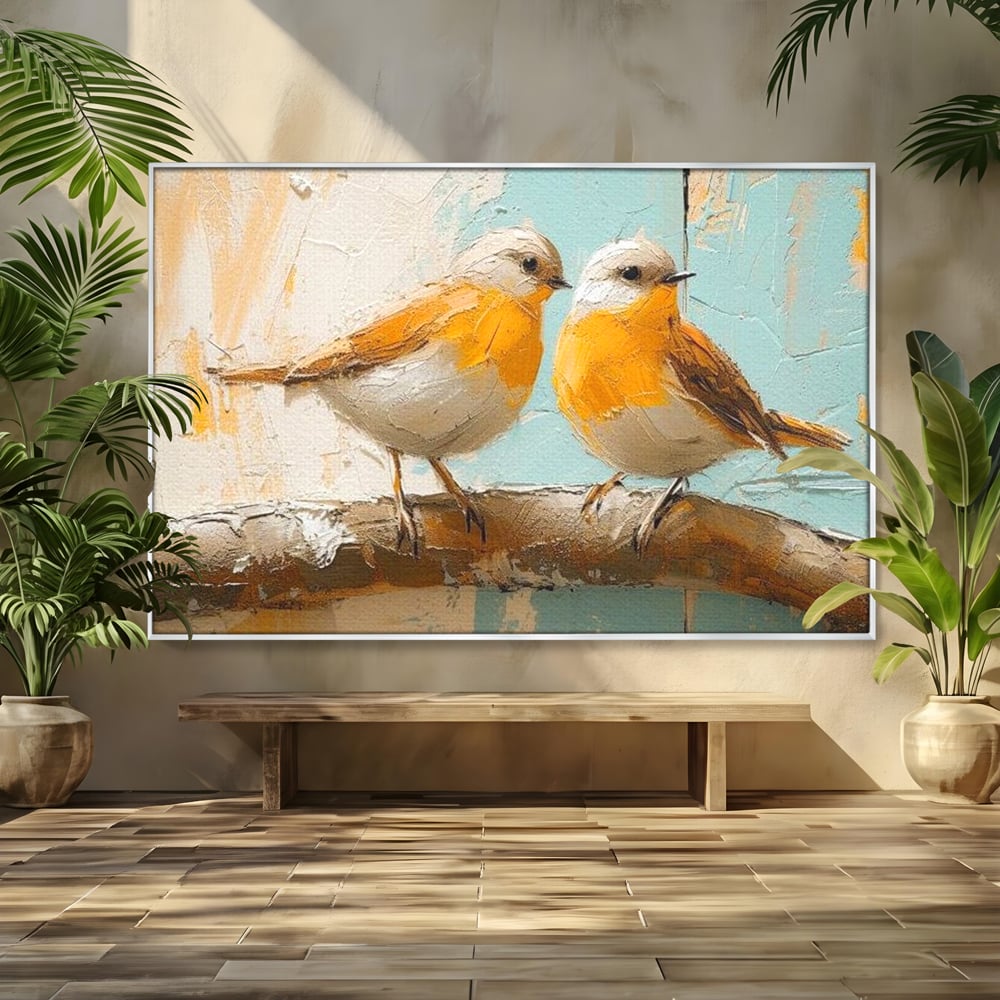 Tablou Canvas Premium, LuxCanva® M1054, Doua Note de Soare, Pereche, Creanga, Pasari, Soare, Pastel, Pictura, Rustic, Senin, Textura, Birou, Living, Camera Copil