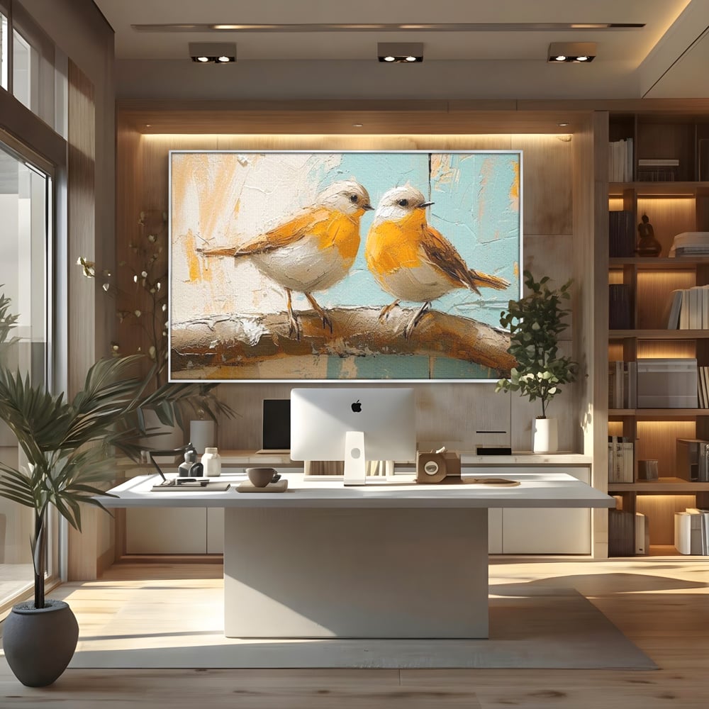 Tablou Canvas Premium, LuxCanva® M1054, Doua Note de Soare, Pereche, Creanga, Pasari, Soare, Pastel, Pictura, Rustic, Senin, Textura, Birou, Living, Camera Copil