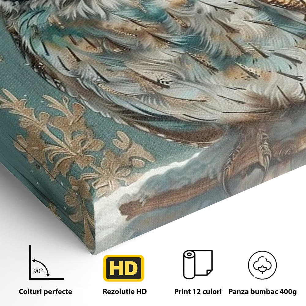 Tablou Canvas Premium, LuxCanva® M1055, Strajerul Iernatic, Bufnita, Iarna, Zapada, Fulgi, Pasare, Ramura, Rustic, Intelepciune, Rece, Birou, Living, Camera Copil