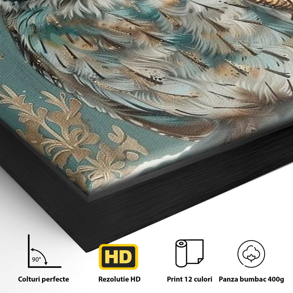 Tablou Canvas Premium, LuxCanva® M1055, Strajerul Iernatic, Bufnita, Iarna, Zapada, Fulgi, Pasare, Ramura, Rustic, Intelepciune, Rece, Birou, Living, Camera Copil
