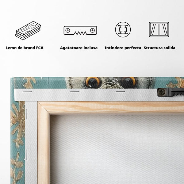 Tablou Canvas Premium, LuxCanva® M1055, Strajerul Iernatic, Bufnita, Iarna, Zapada, Fulgi, Pasare, Ramura, Rustic, Intelepciune, Rece, Birou, Living, Camera Copil