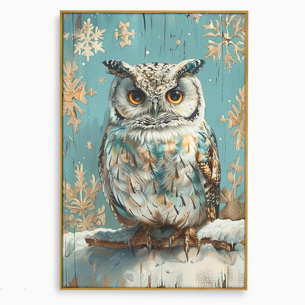 Tablou Canvas Premium, LuxCanva® M1055, Strajerul Iernatic, Bufnita, Iarna, Zapada, Fulgi, Pasare, Ramura, Rustic, Intelepciune, Rece, Birou, Living, Camera Copil