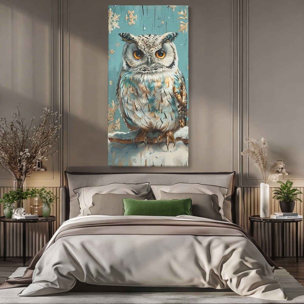 Tablou Canvas Premium, LuxCanva® M1055, Strajerul Iernatic, Bufnita, Iarna, Zapada, Fulgi, Pasare, Ramura, Rustic, Intelepciune, Rece, Birou, Living, Camera Copil